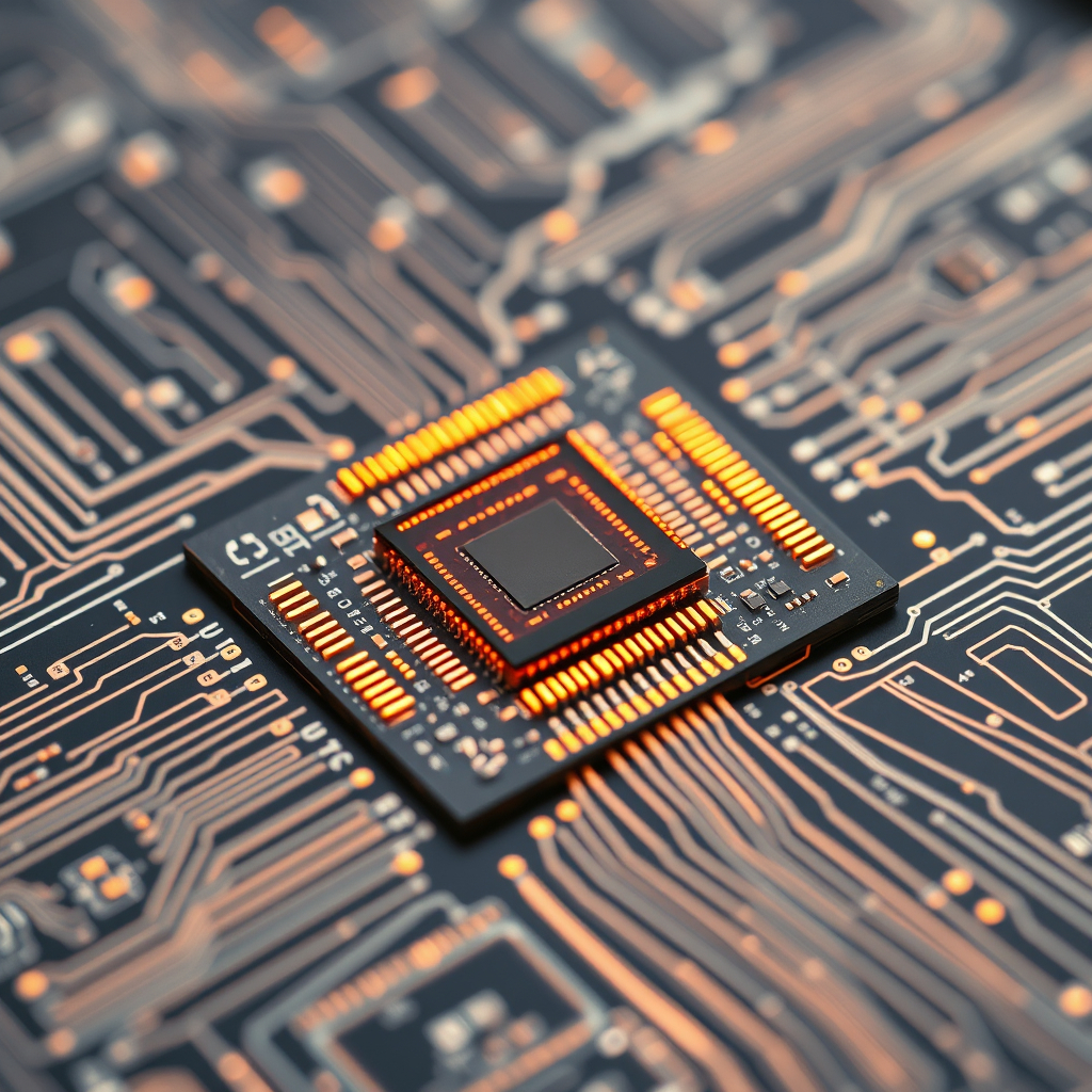 Close-up of a semiconductor chip on a circuit board